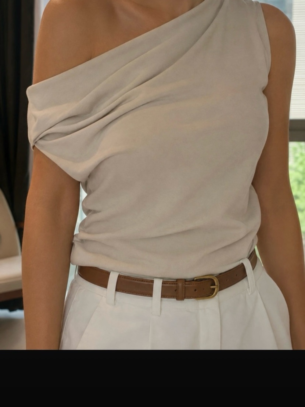 Zara One-Shoulder Draped Blouse in Light Beige